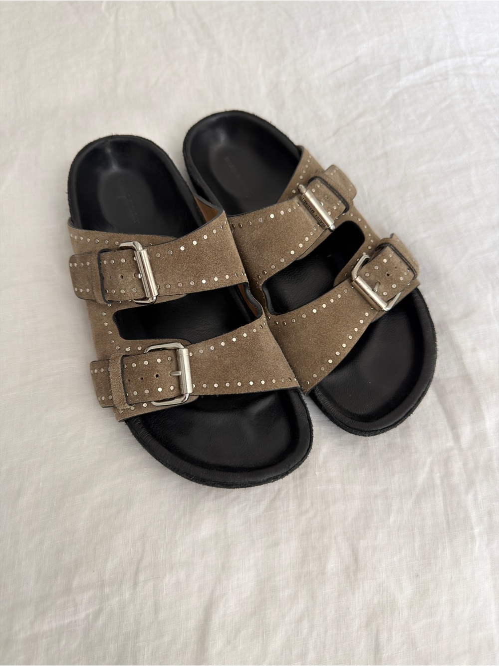 Isabel Marant Studded Double Buckle Suede Slide Sandals - Taupe